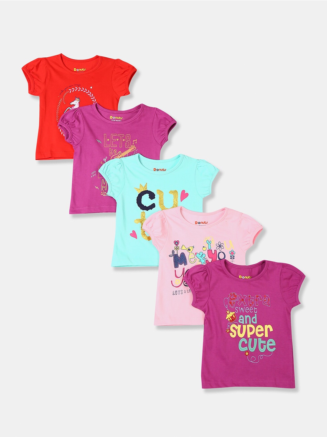 

Donuts Girls Pink & Red Set Of 5 Printed T-shirts