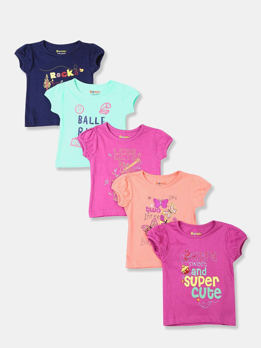 

Donuts Girls 5 Printed Pure Cotton T-shirts, Pink