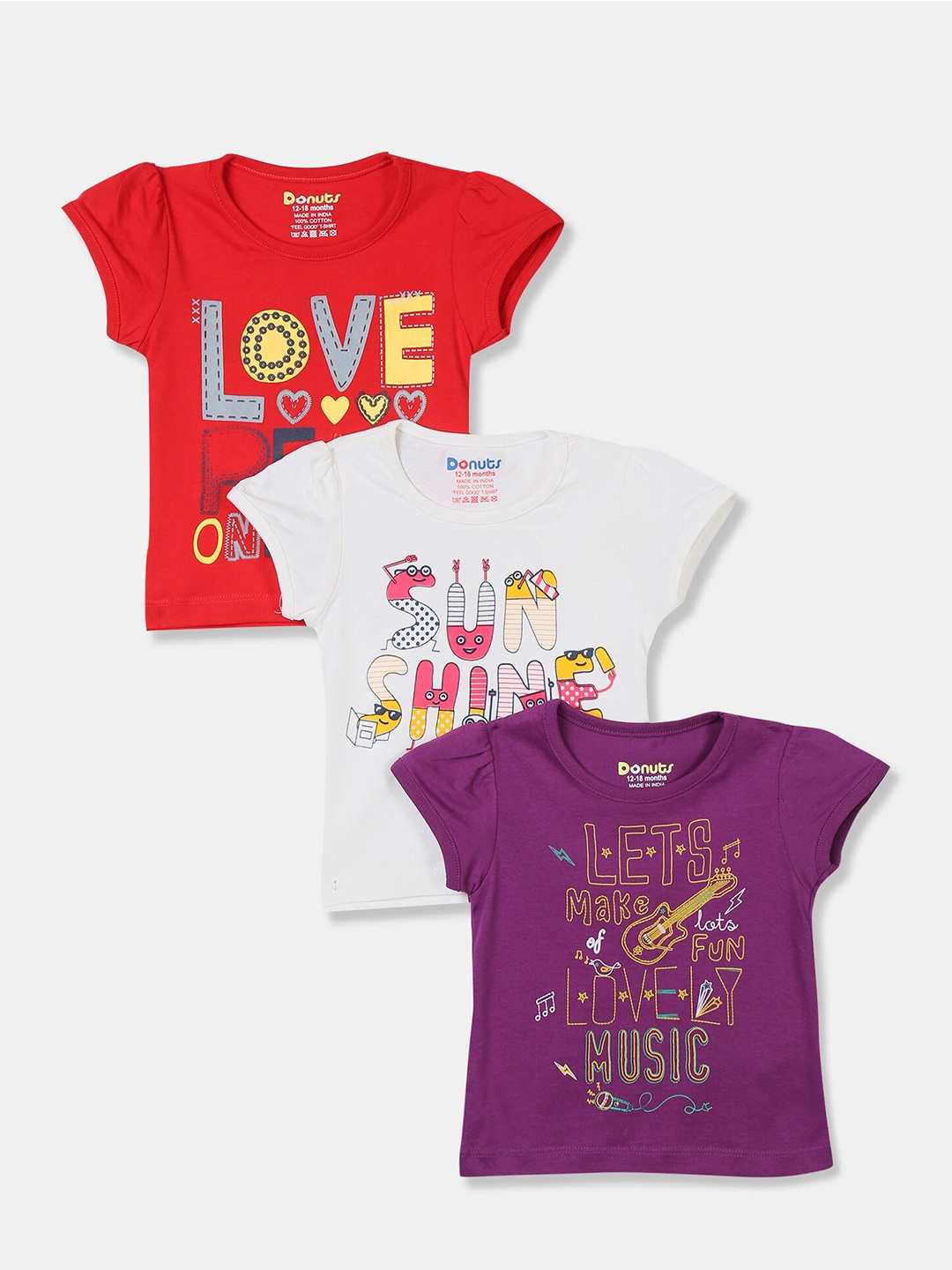 

Donuts Girls Multicoloured Typography 3 Printed Applique T-shirt, Multi
