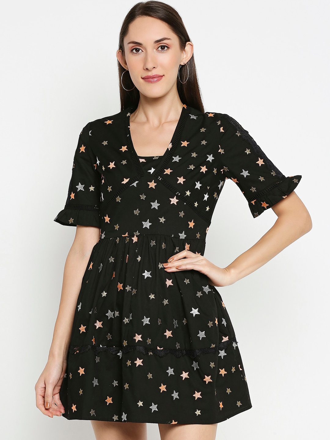 

aaliya Black & Peach-Coloured Embroidered Mini Dress