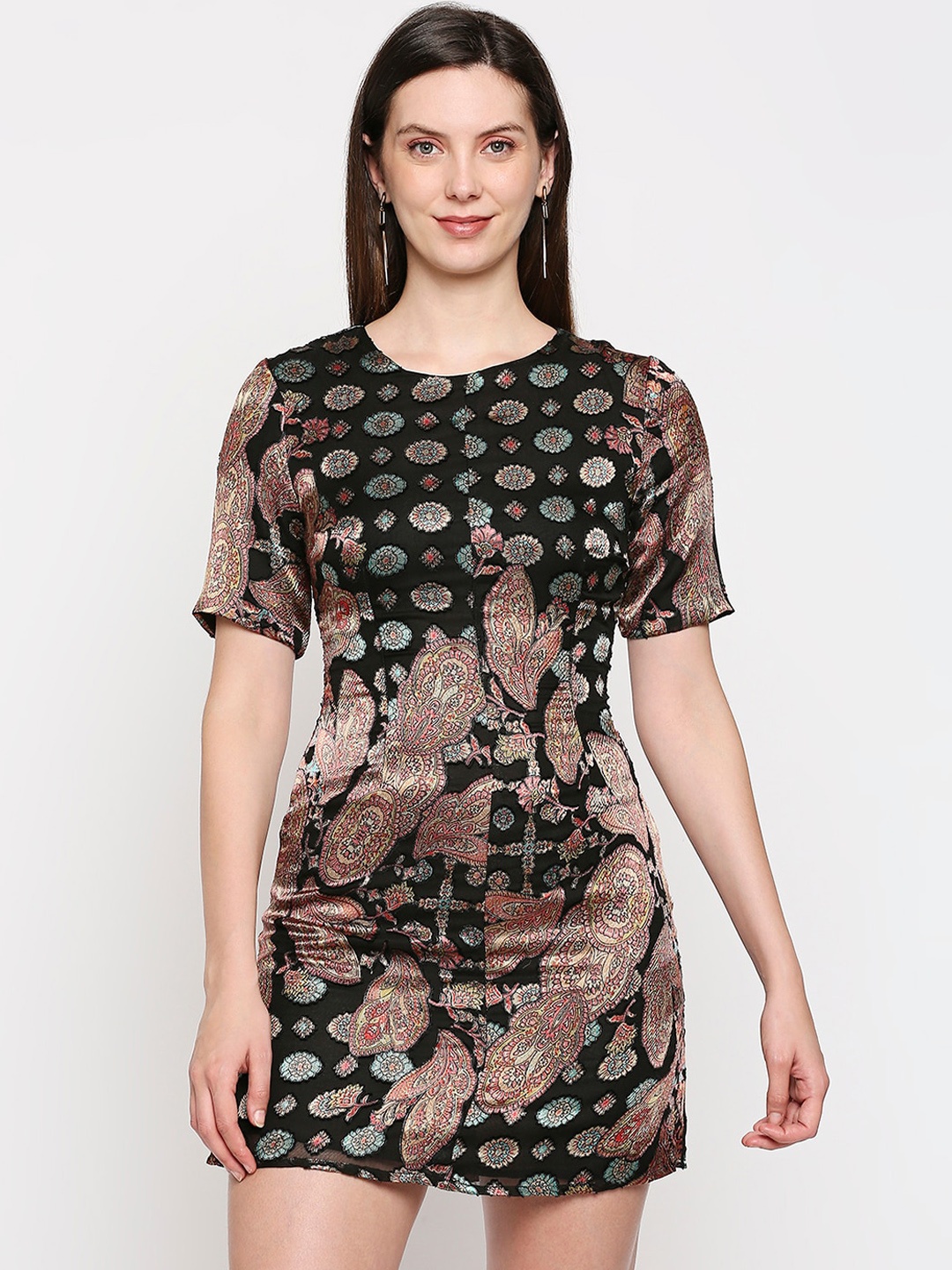 

aaliya Black Floral Crepe Sheath Mini Dress