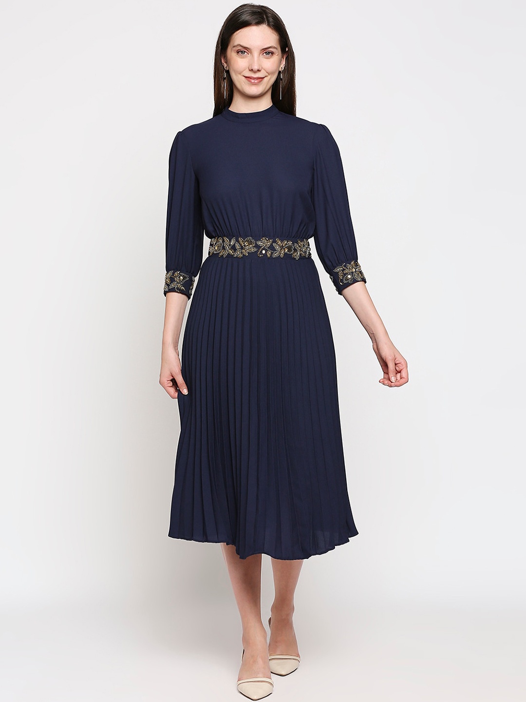

aaliya Navy Blue & Gold-Toned Crepe A-Line Midi Dress