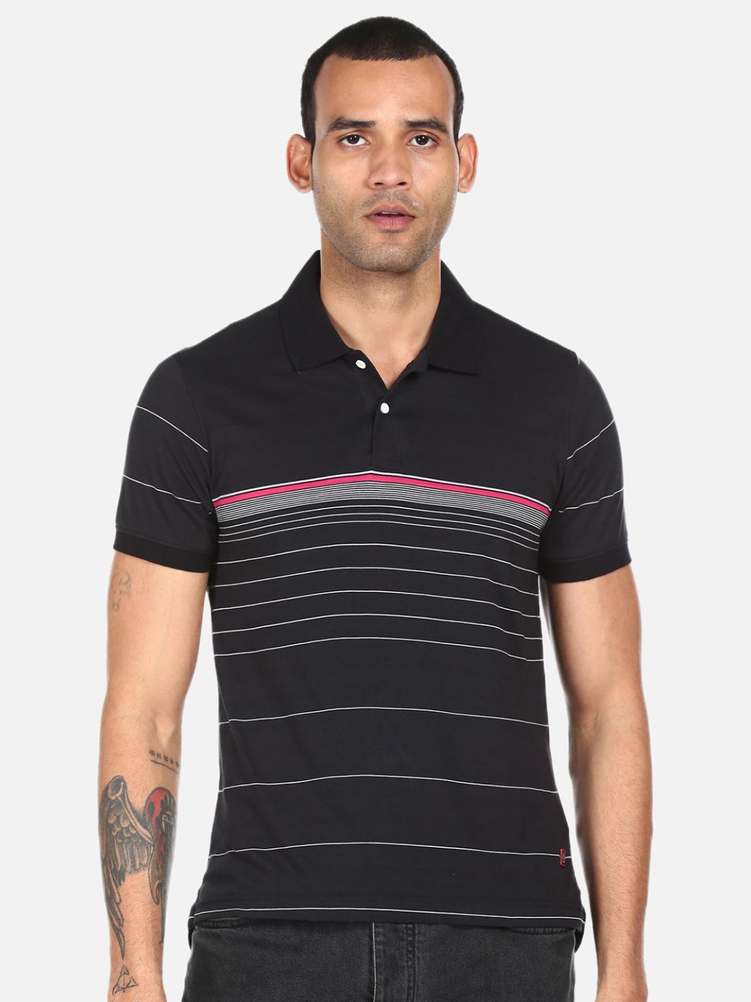 

AD By Arvind Men Black & White Striped Polo Collar Pure Cotton T-shirt