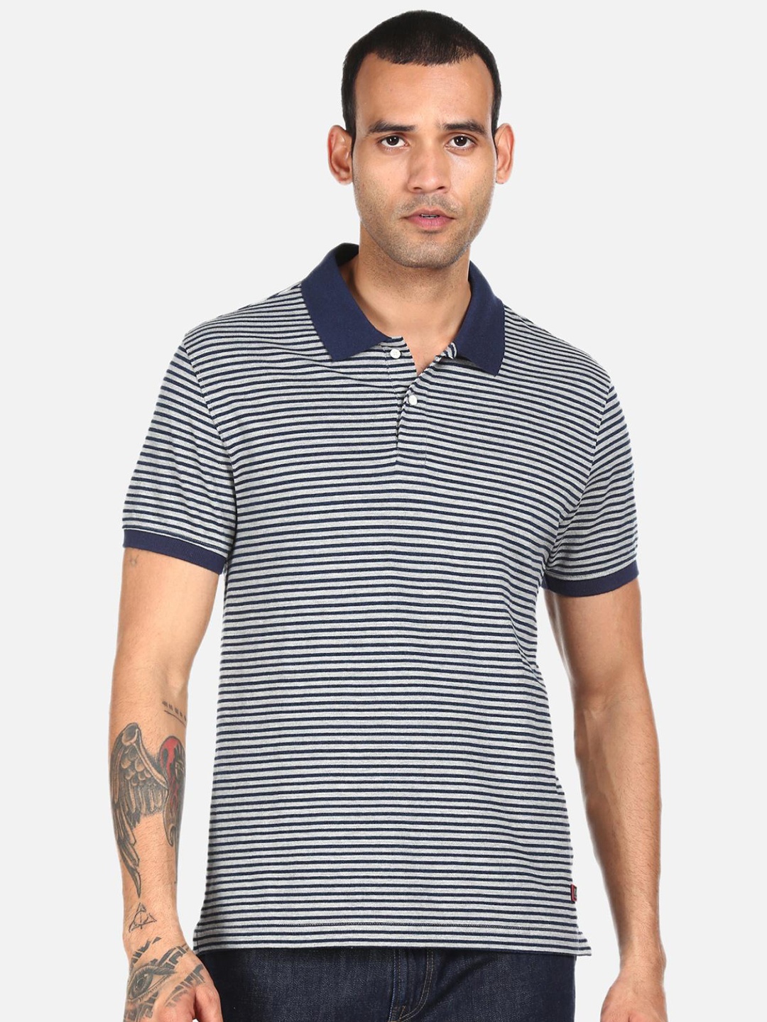 

AD By Arvind Men Navy Blue Striped Polo Collar Cotton T-shirt