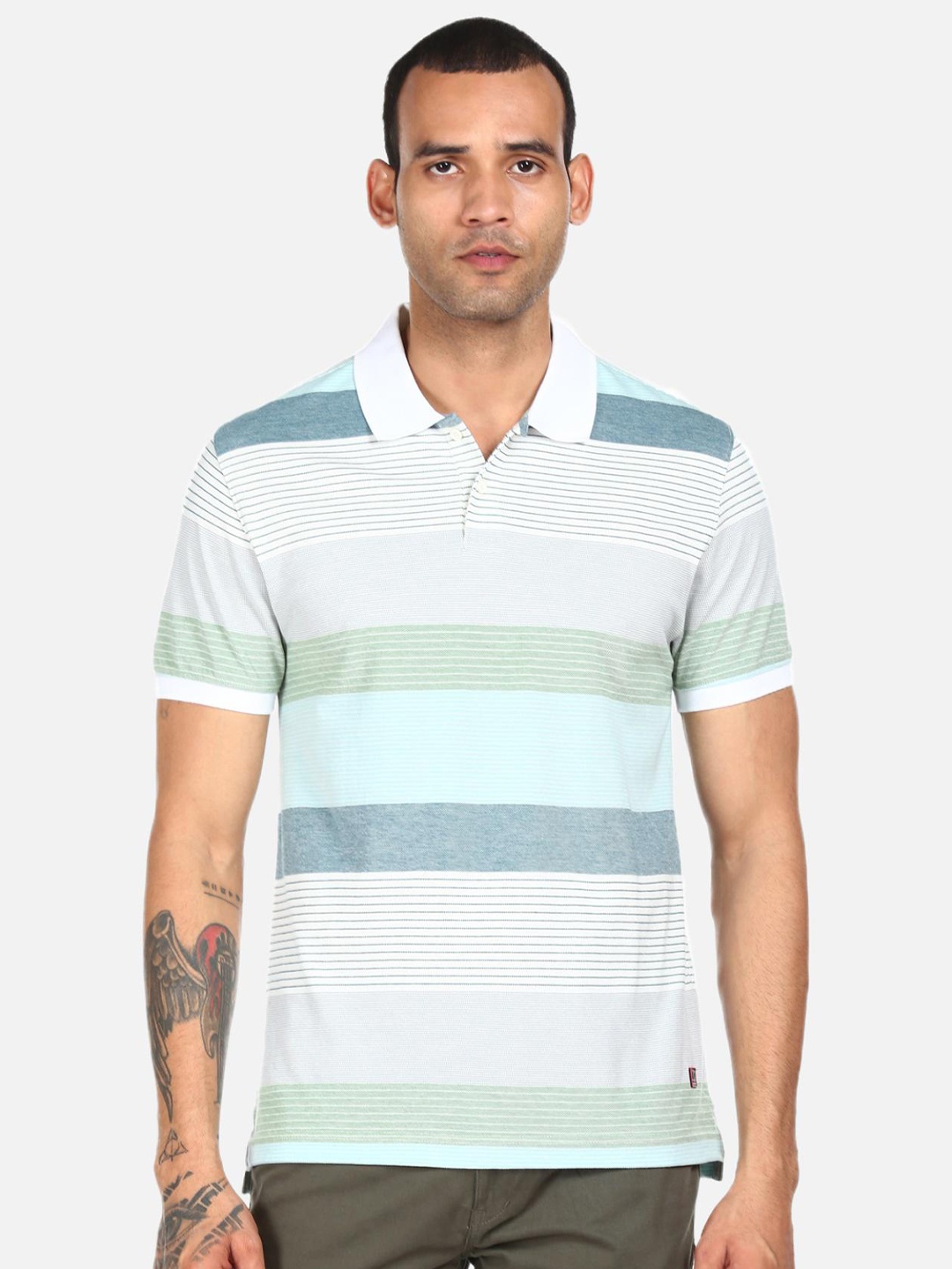 

AD By Arvind Men Multicoloured Striped Polo Collar Pure Cotton T-shirt, Multi