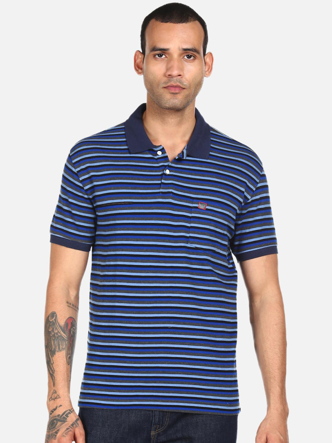 

AD By Arvind Men Blue Striped Pure Cotton Polo Collar T-shirt