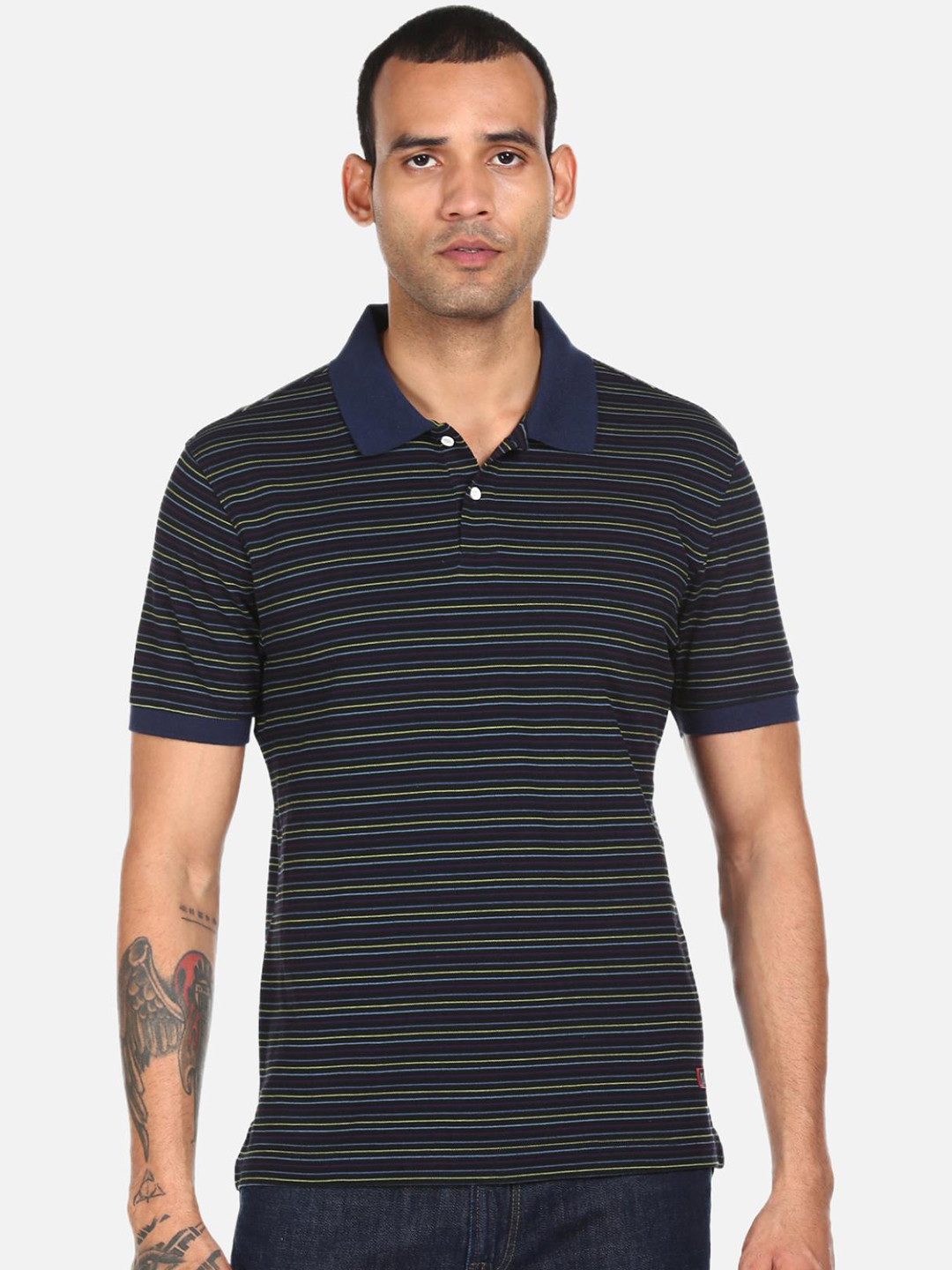 

AD By Arvind Men Multicoloured Striped Polo Collar Pockets T-shirt, Multi