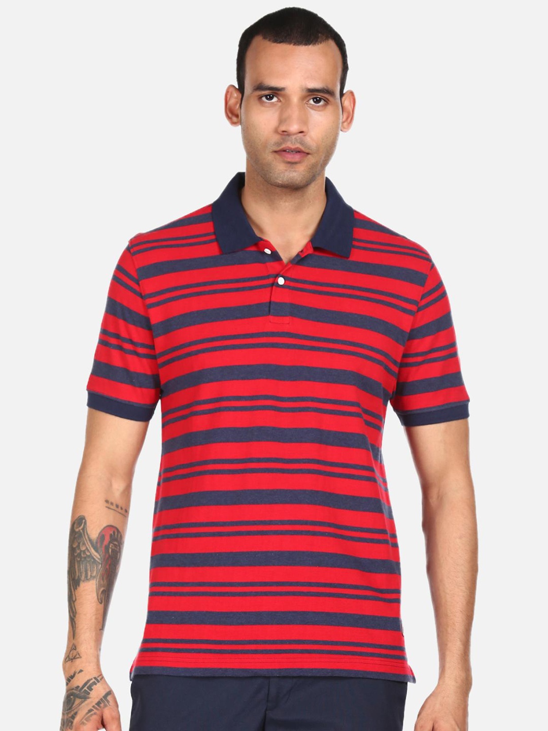 

AD By Arvind Men Red & Navy Blue Striped Polo Collar T-shirt
