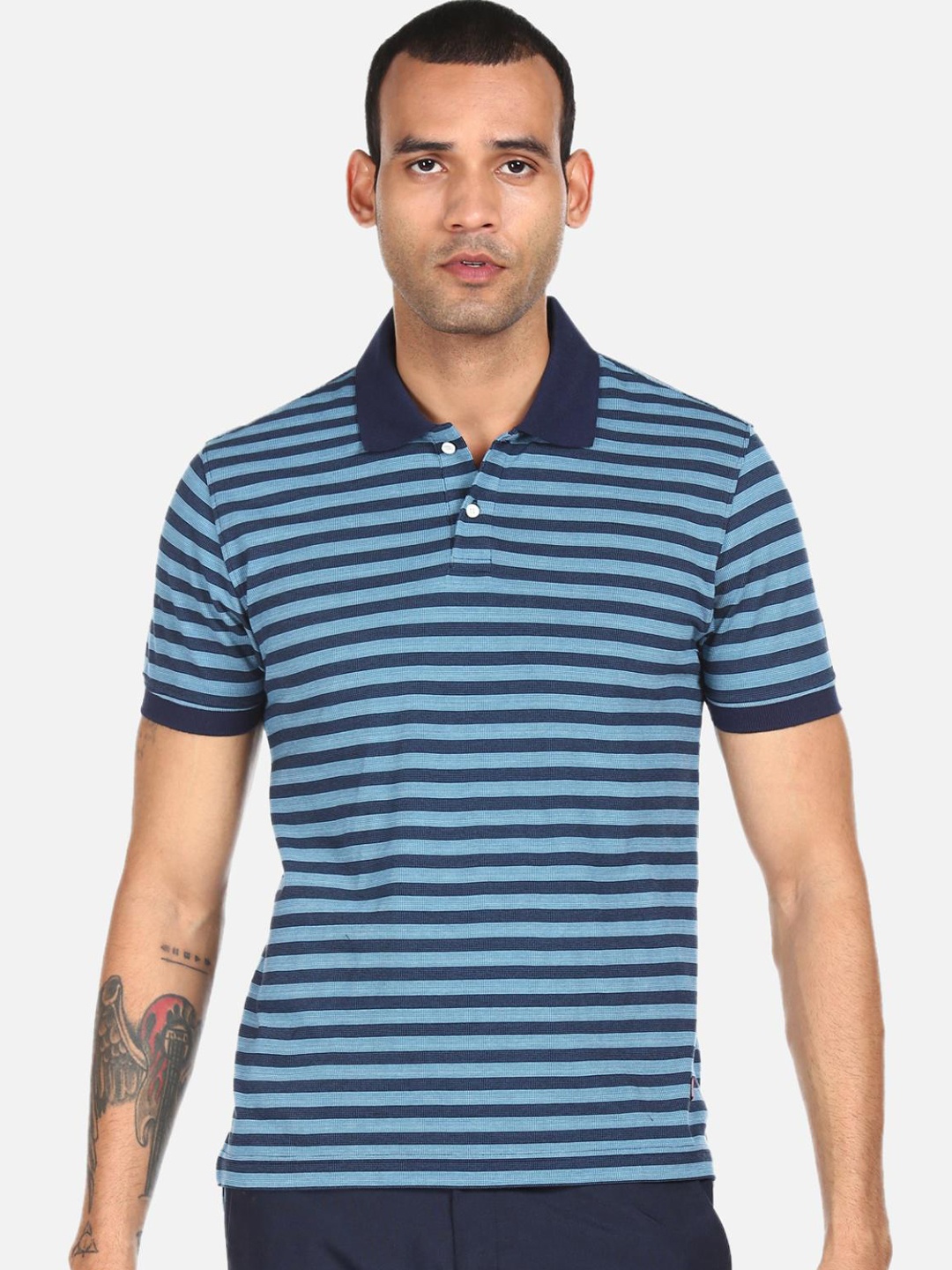 

AD By Arvind Men Blue Striped Polo Collar T-shirt