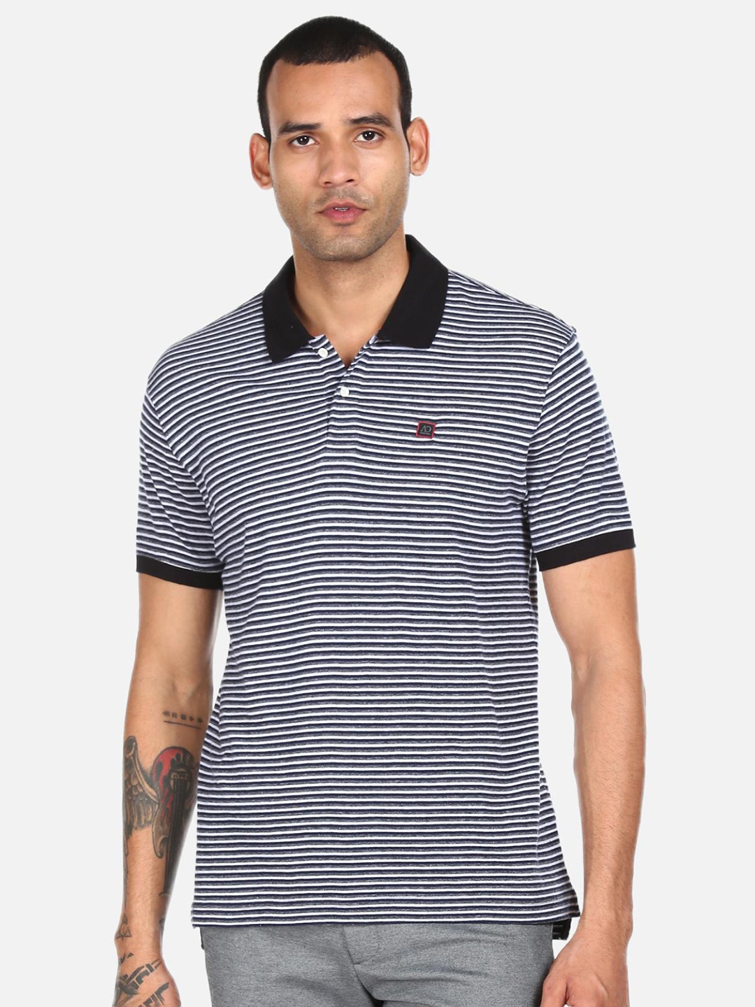 

AD By Arvind Men Cotton Black & Grey Striped Polo Collar T-shirt