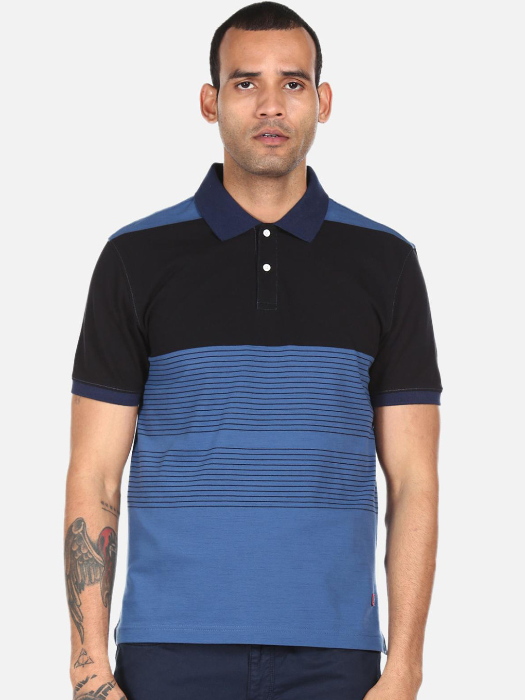 

AD By Arvind Men Black & Blue Colourblocked Polo Collar T-shirt