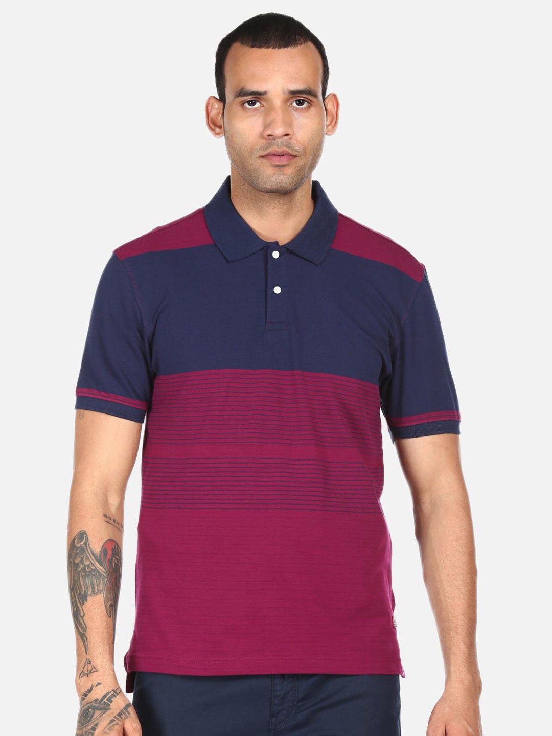 

AD By Arvind Men Blue & Pink Colourblocked Polo Collar T-shirt