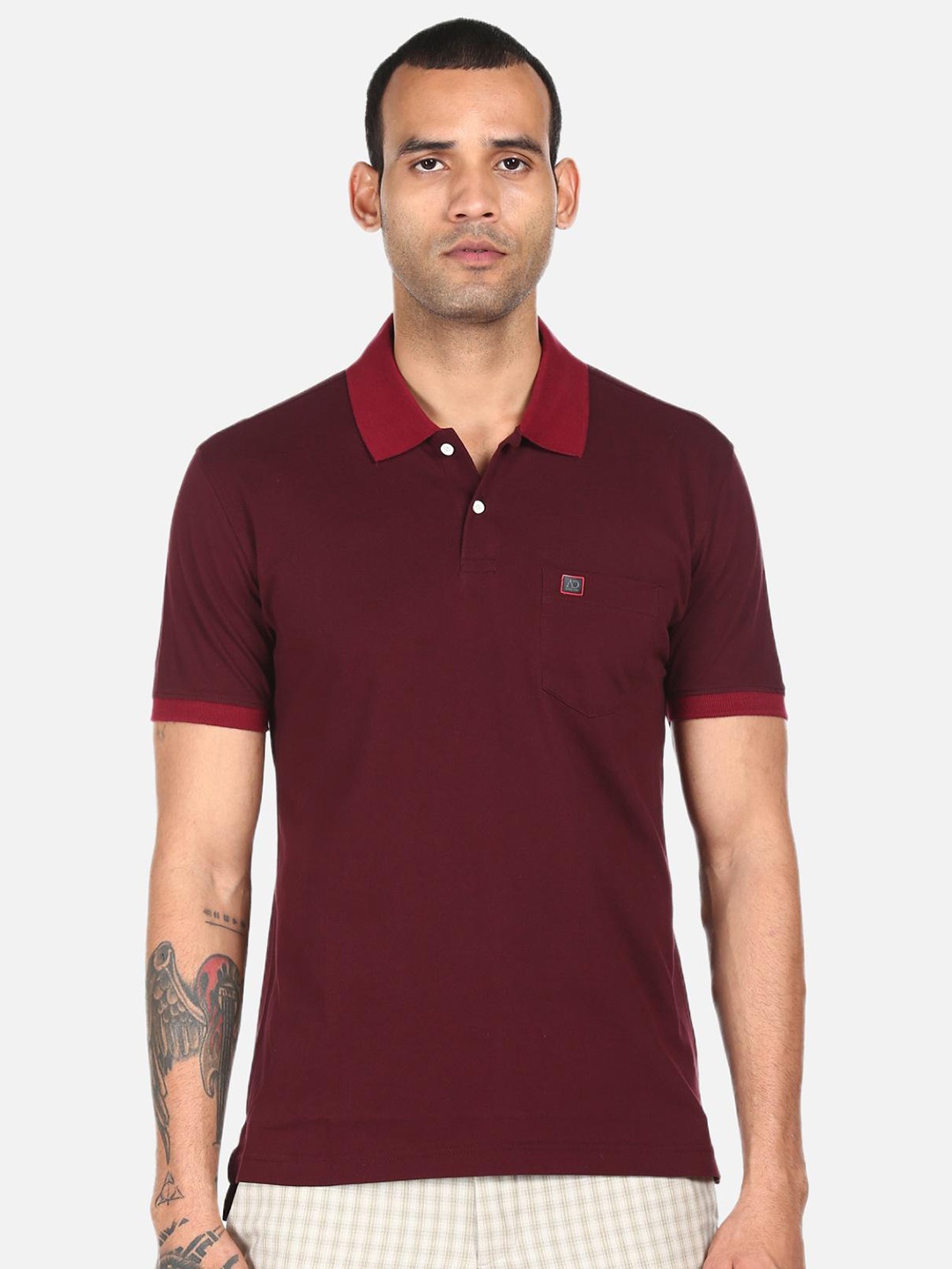 

AD By Arvind Men Maroon Cotton Solid Polo Collar T-Shirt