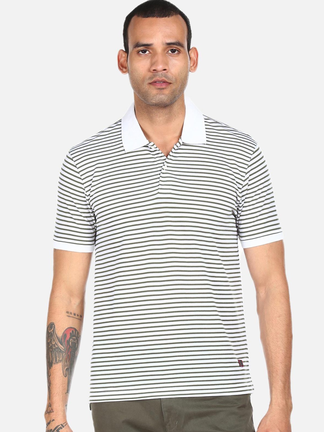 

AD By Arvind Men Off White & Green Striped Polo Collar T-shirt