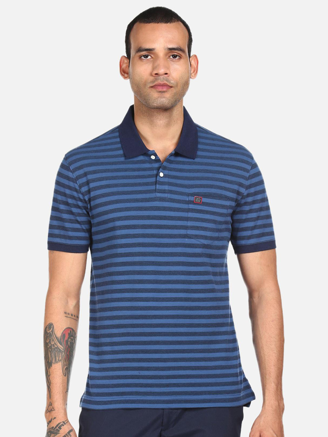 

AD By Arvind Men Blue Striped Polo Collar Pocket Pure Cotton T-shirt