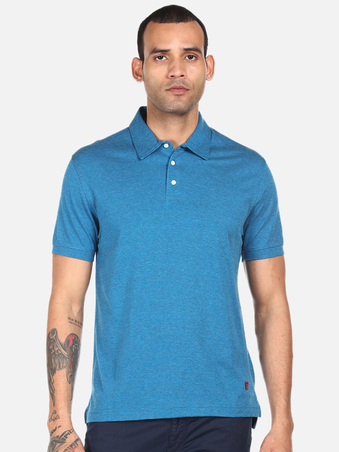 

AD By Arvind Men Blue Self Design Polo Collar T-shirt