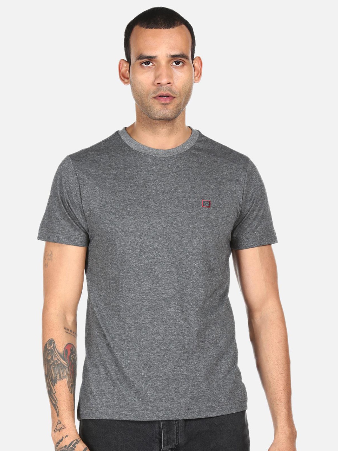 

AD By Arvind Men Charcoal V-Neck Pockets T-shirt