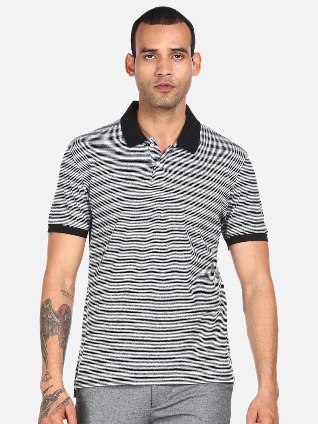 

AD By Arvind Men Grey & Black Striped Polo Collar T-shirt