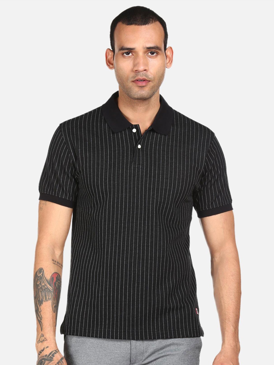 

AD By Arvind Men Black Striped Polo Collar T-shirt