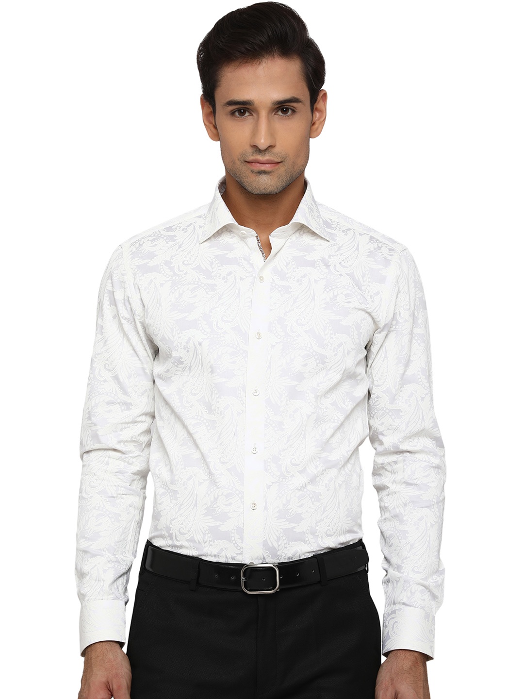 

JB STUDIO Men White Slim Fit Floral Printed Opaque Pure Cotton Formal Shirt