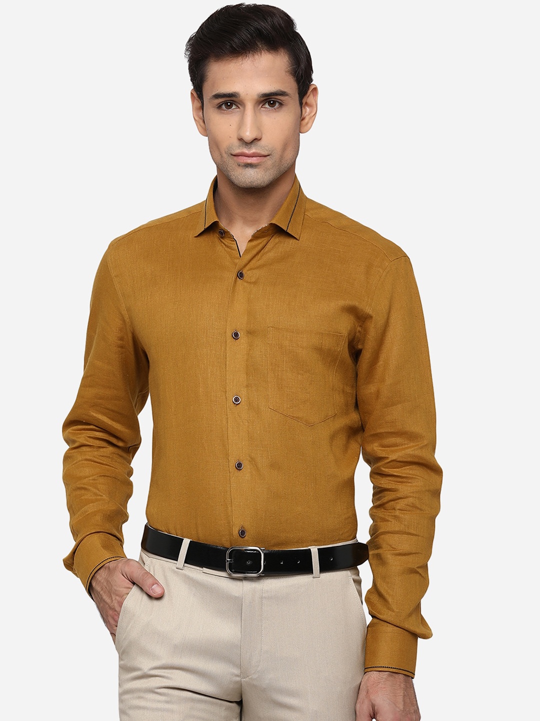 

JB STUDIO Men Mustard Yellow Slim Fit Opaque Linen Formal Shirt