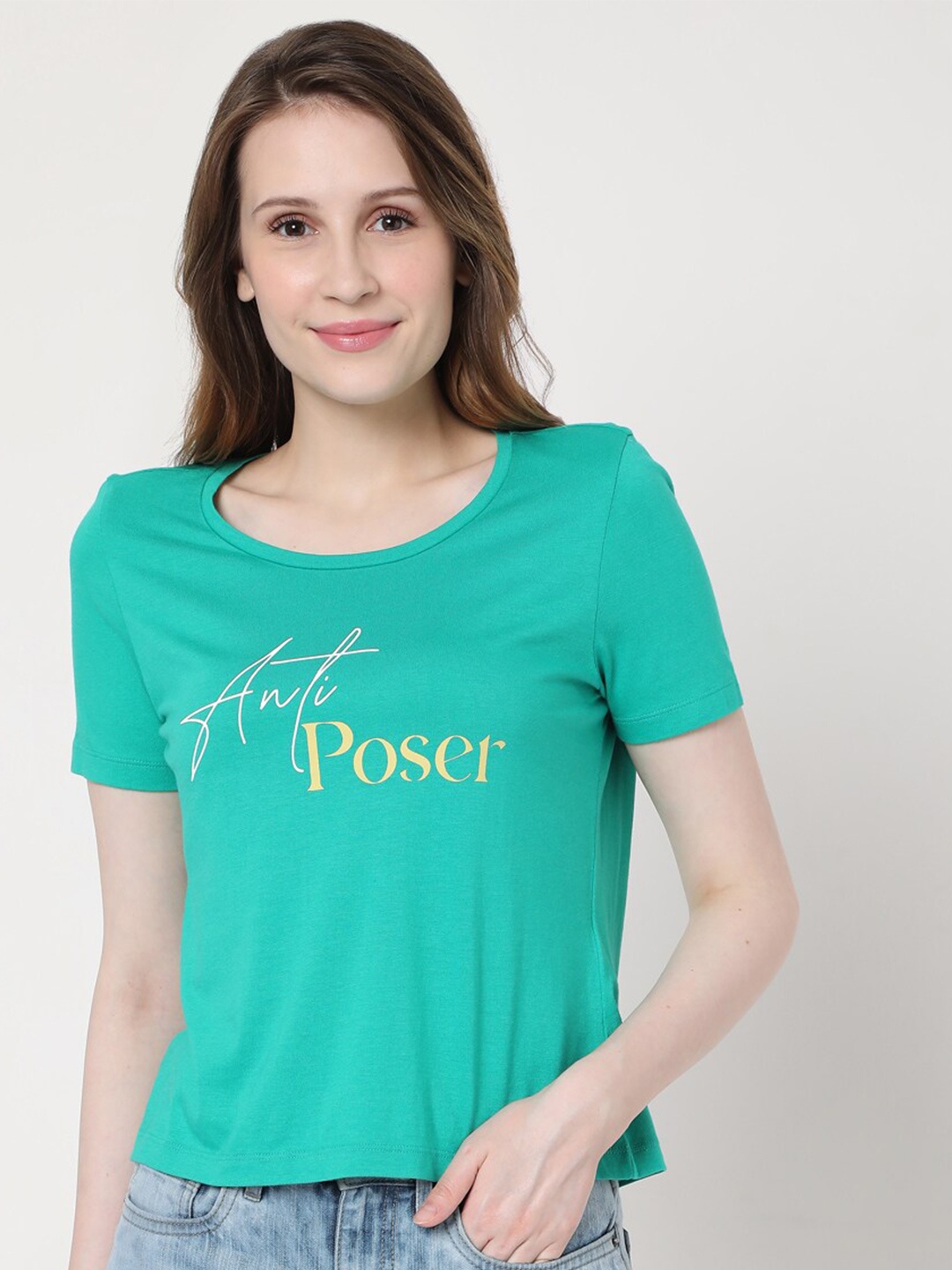 

Vero Moda Women Sea Green Typography Printed Cotton T-shirt