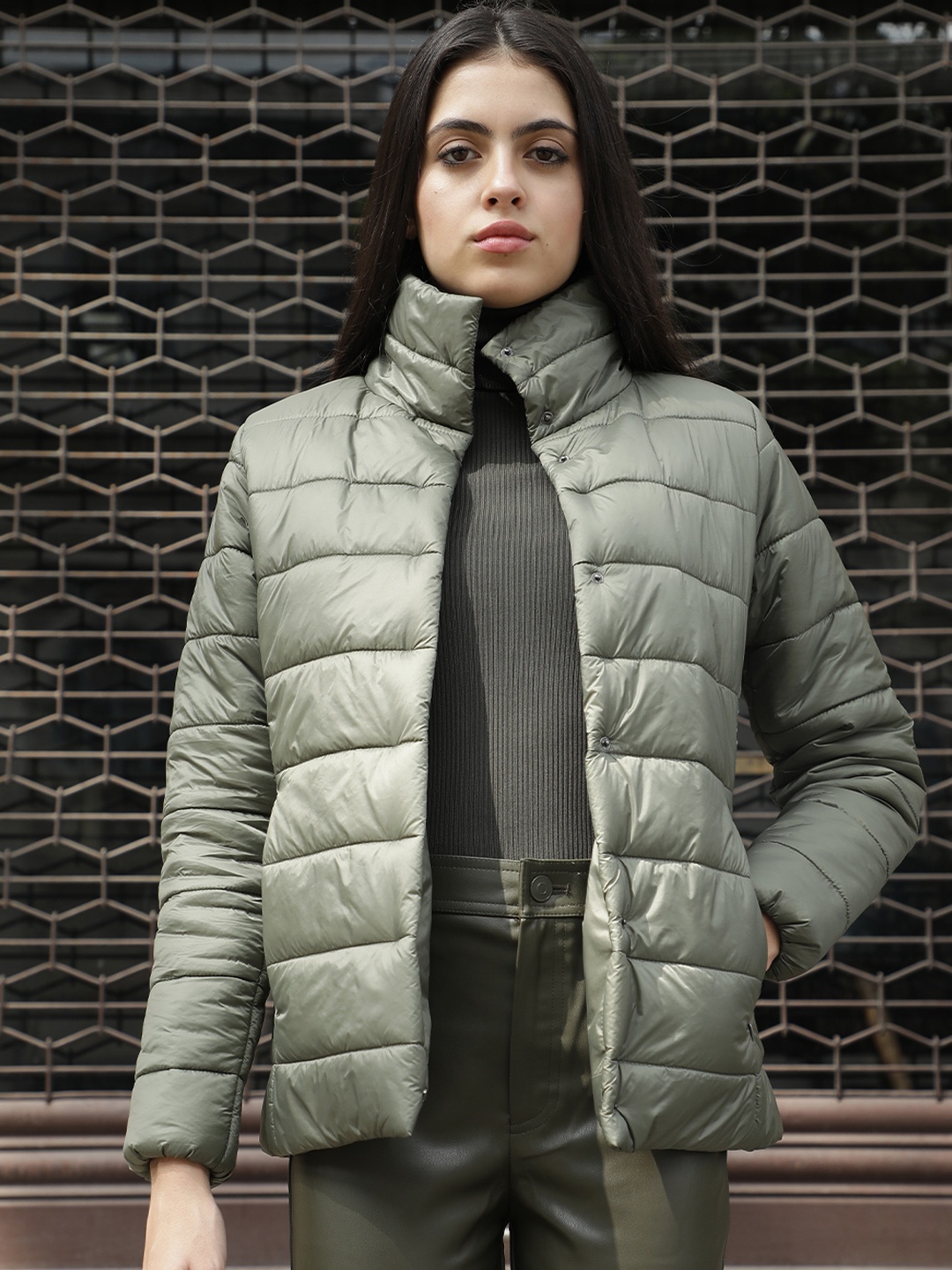 

RAREISM Women Olive Green Longline Padded Jacket