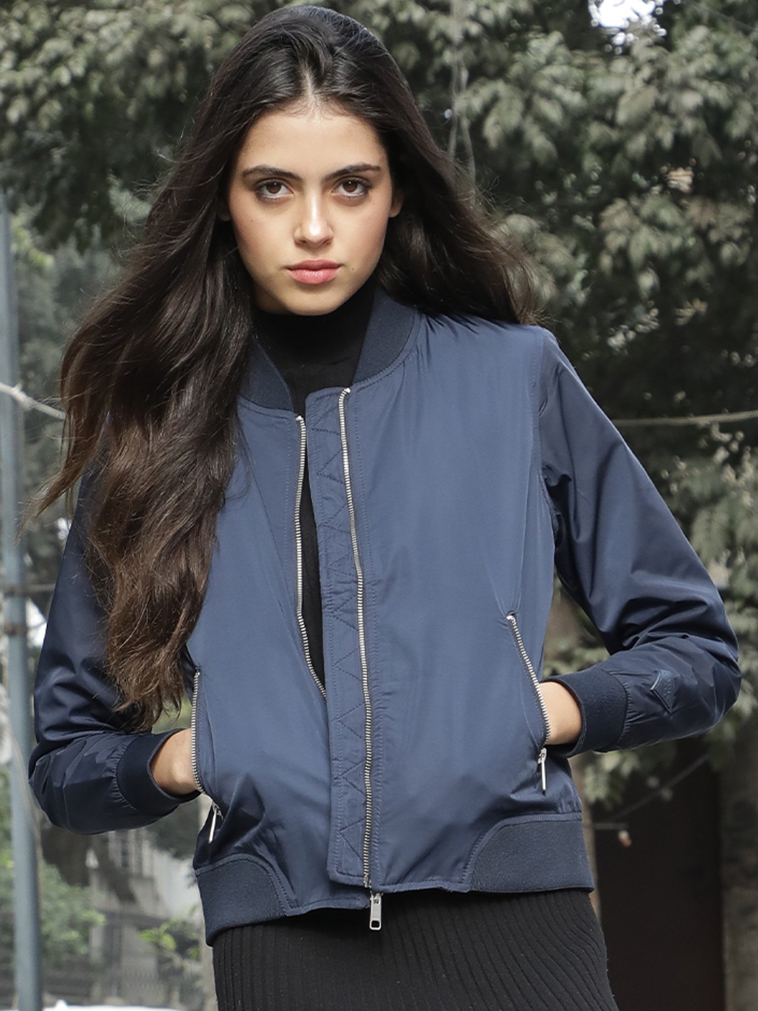 

RAREISM Women Navy Blue Solid Crop Bomber Jacket