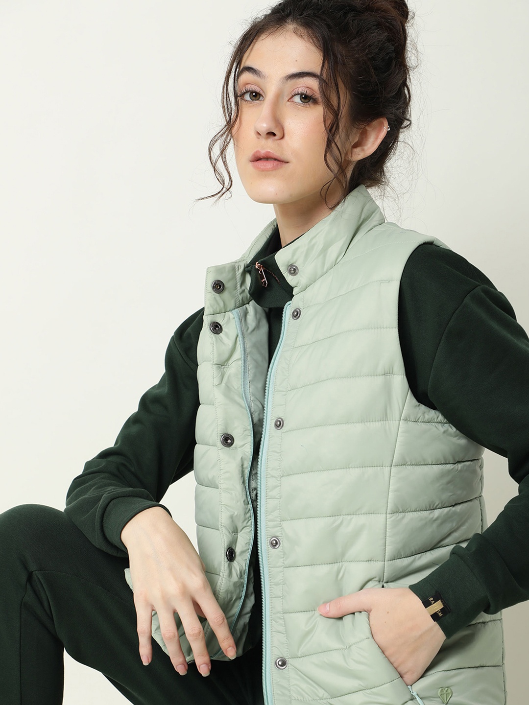 

RAREISM Women Sea Green Checked Puffer Jacket