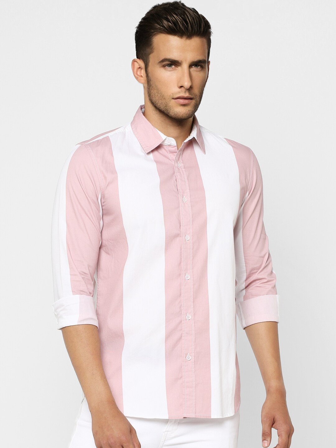 

Jack & Jones Men Pink Slim Fit Opaque Striped Casual Cotton Shirt
