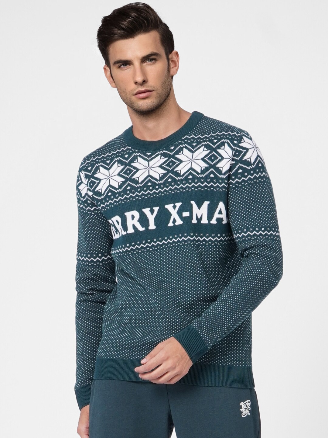

Jack & Jones Men Teal Blue & White Pullover Sweater