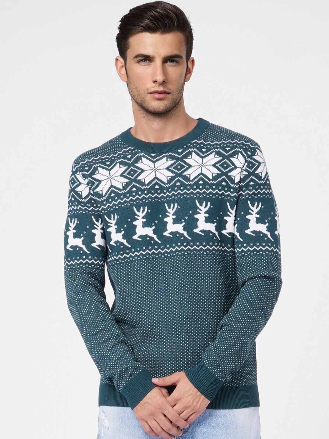 

Jack & Jones Men Green & White Self Design Pullover