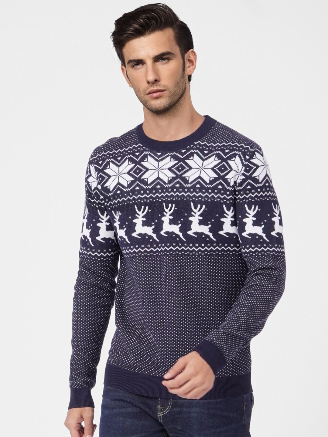 

Jack & Jones Men Navy Blue & White Cotton Floral Pullover