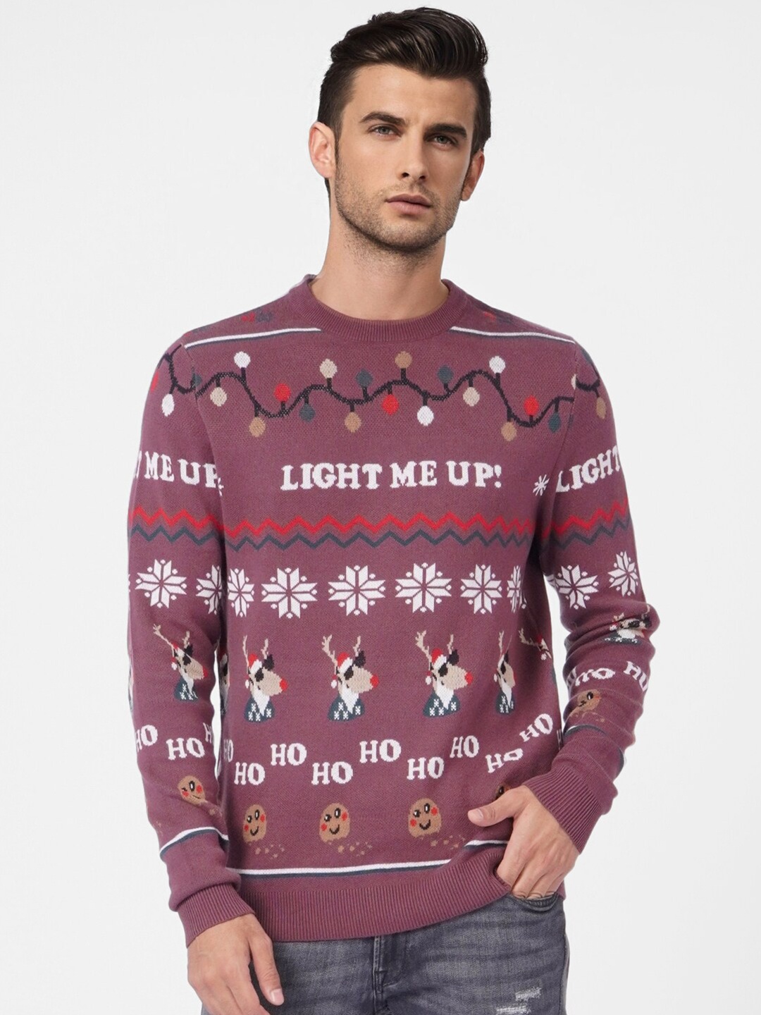 

Jack & Jones Men Purple Patterned Pullover Sweater