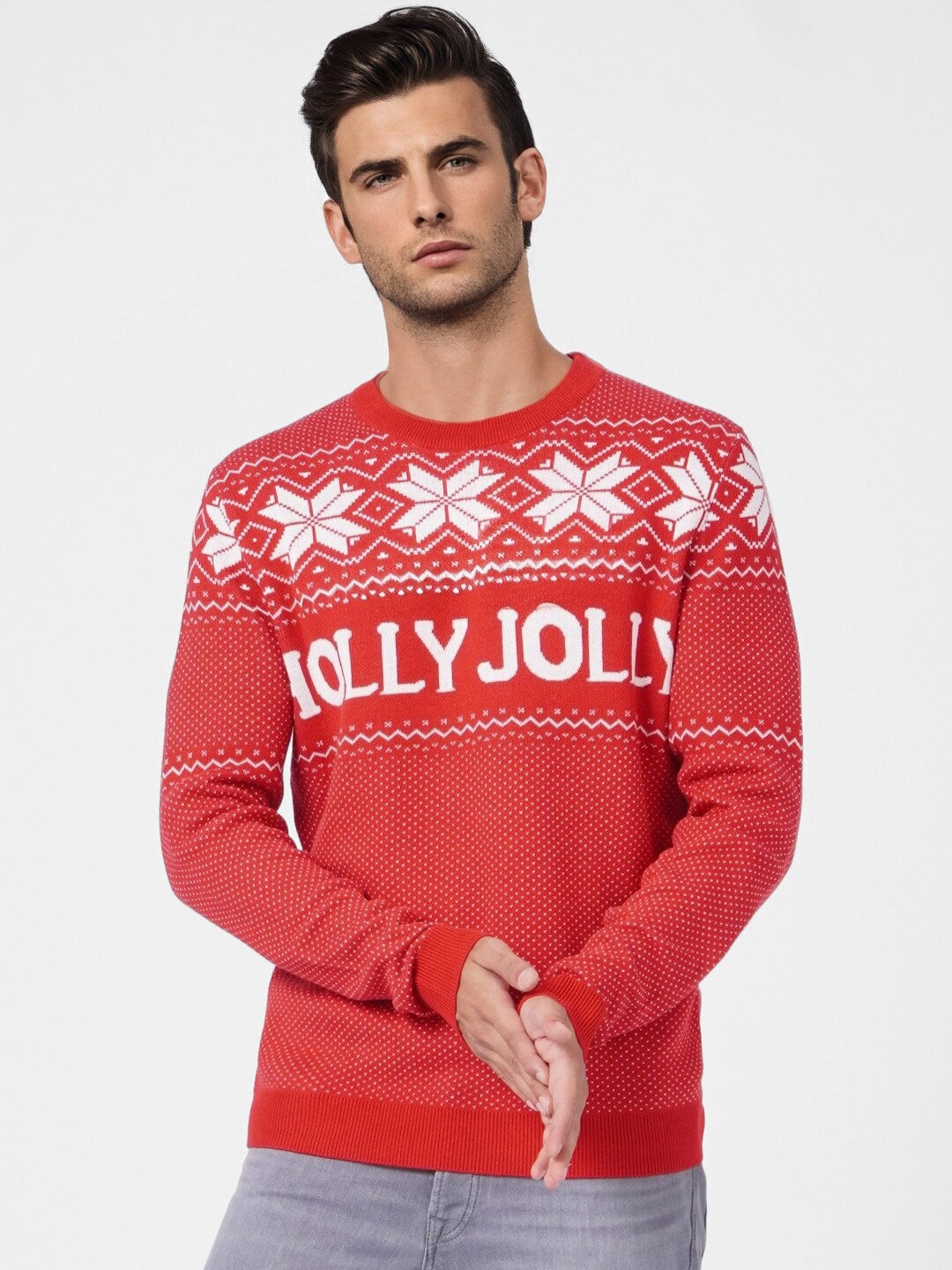 

Jack & Jones Men Red & White Typography Pullover