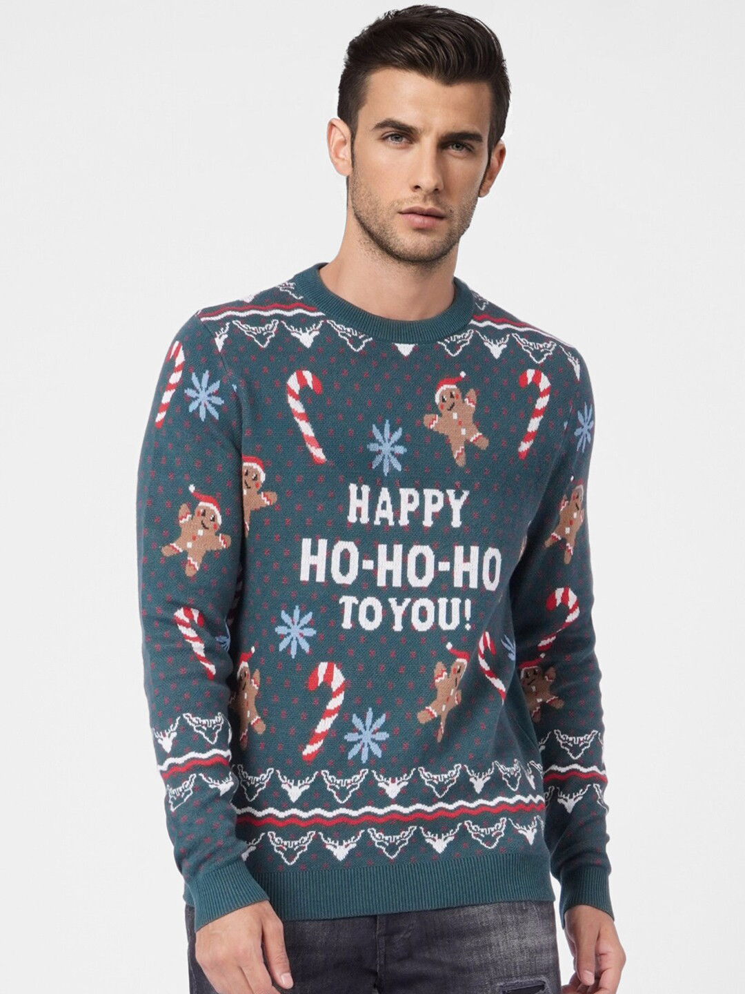

Jack & Jones Men Green & White Typography Printed Cotton Pullover