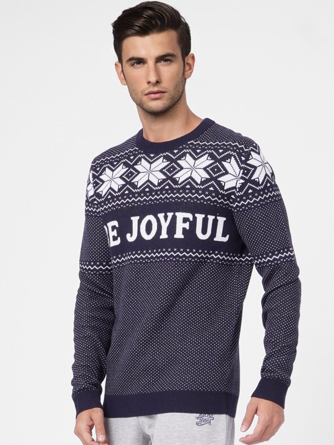 

Jack & Jones Men Navy Blue & White Typography Pullover Sweater