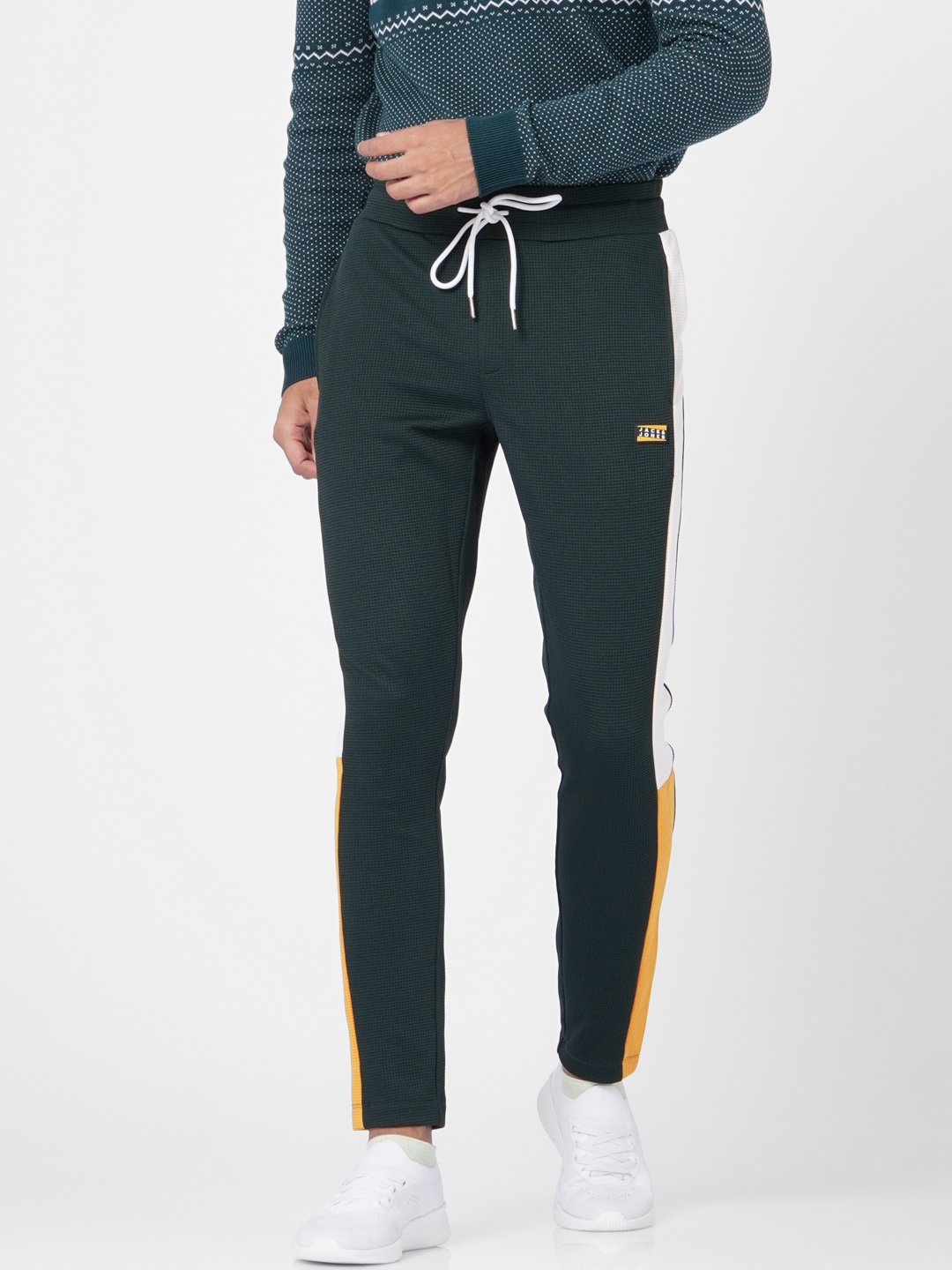 

Jack & Jones Men Green Self Design Track Pants