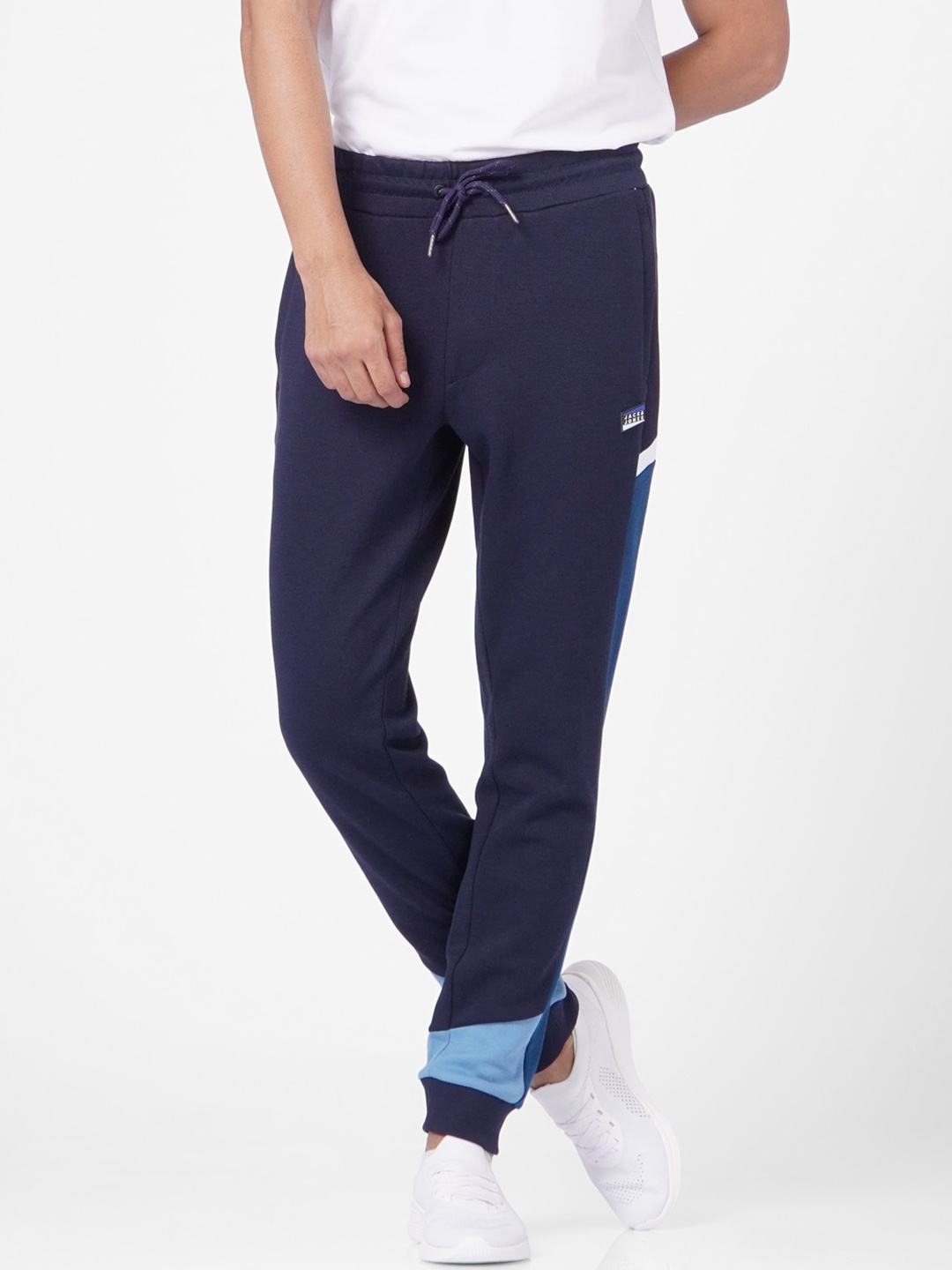 

Jack & Jones Men Navy Blue Colourblocked Cotton Joggers
