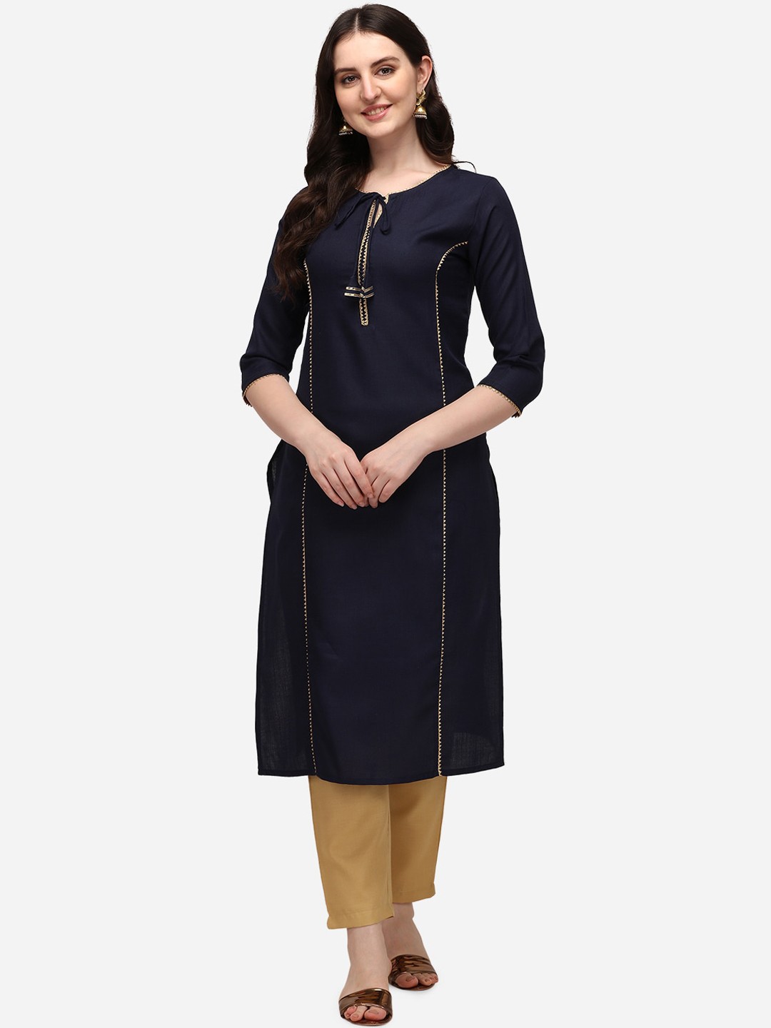 Florence Women Navy Blue Keyhole Neck Gotta Patti Cotton Kurta