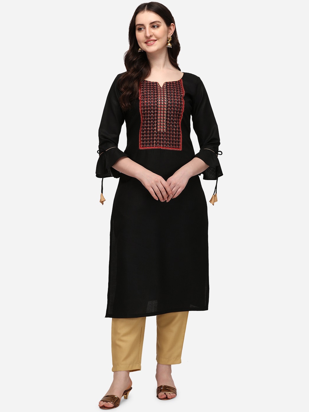 

Florence Women Black Embroidered Flared Sleeves Mirror Work Kurta