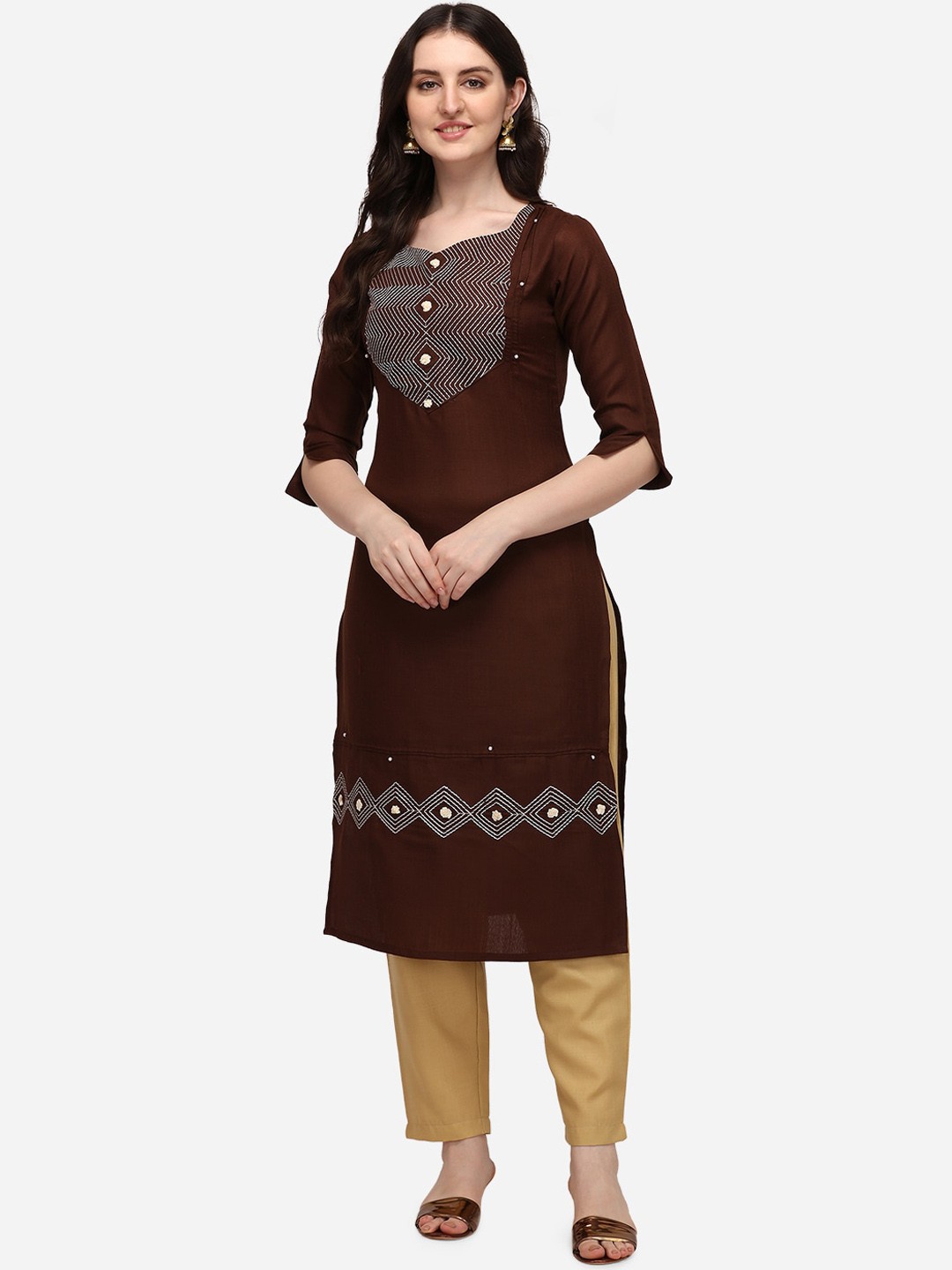 

Florence Women Brown Geometric Yoke Design Flared Sleeves Kantha Work Cotton Kurta