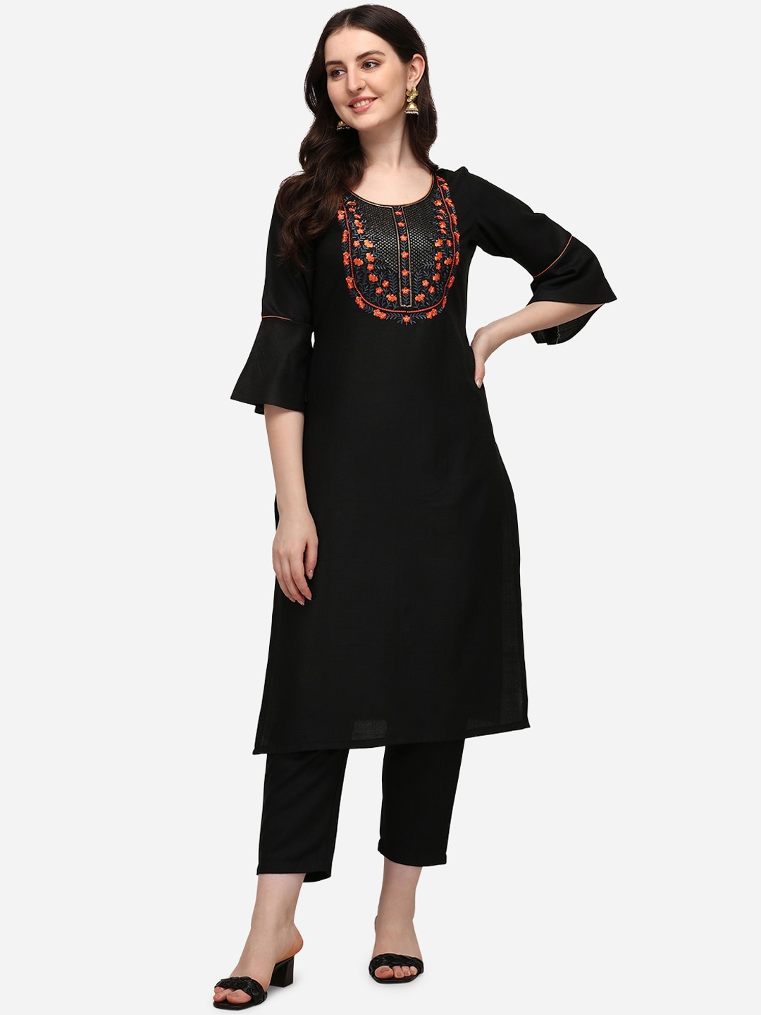 

Florence Women Black Yoke Design Flared Sleeves Thread Work Kurta