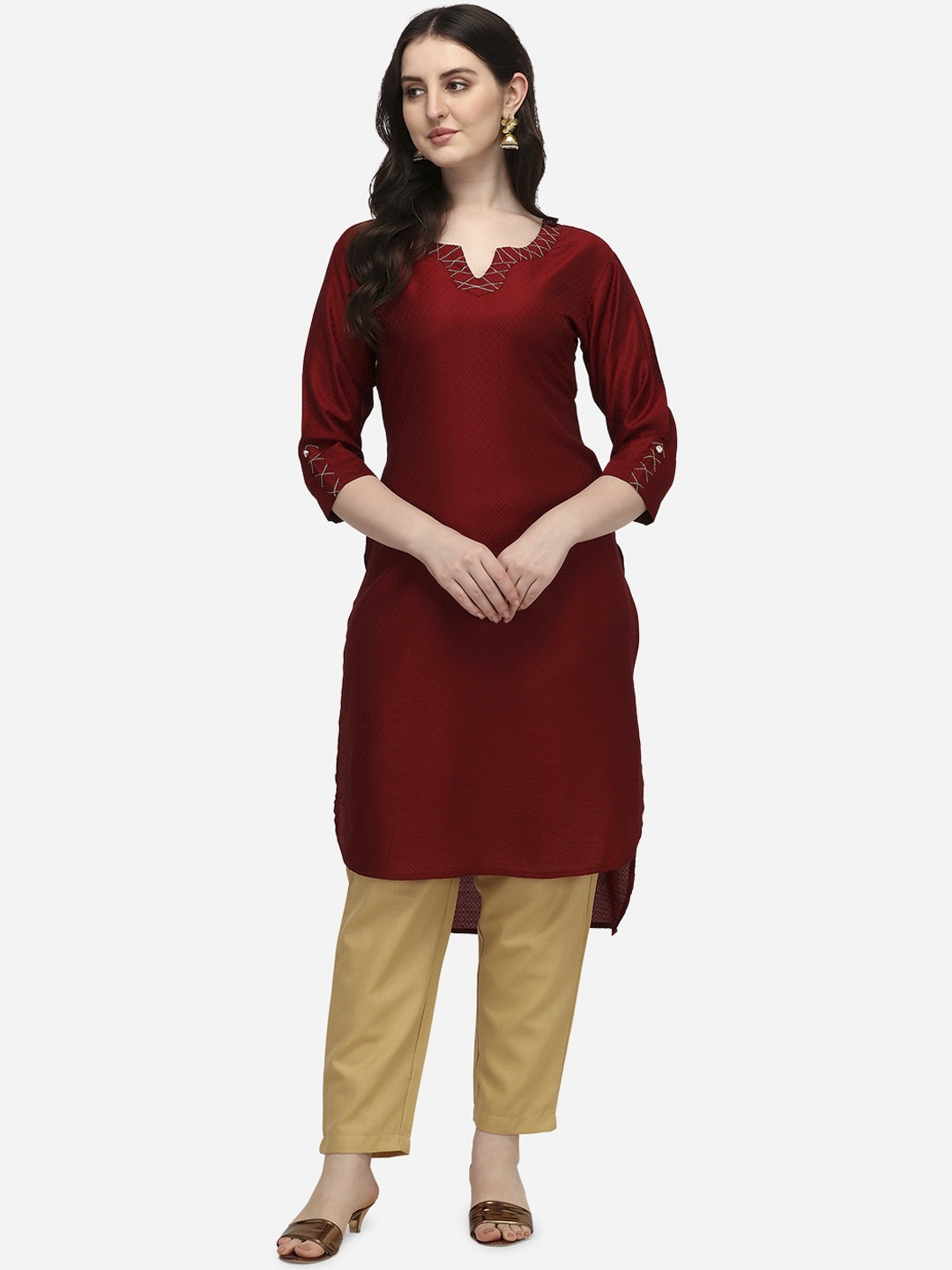 

SAADHVI Women Red jacquard Asymmetric Kurta with Trousers