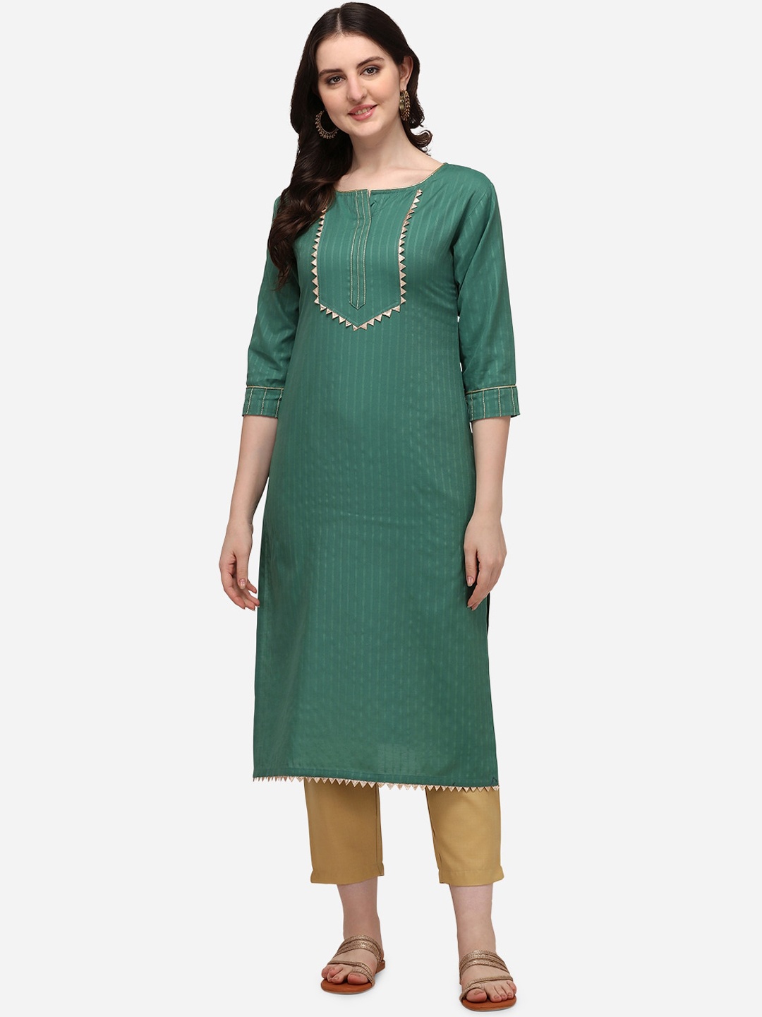 

SAADHVI Women Turquoise Blue Yoke Design Regular Gotta Patti Pure Cotton Kurti with Trousers