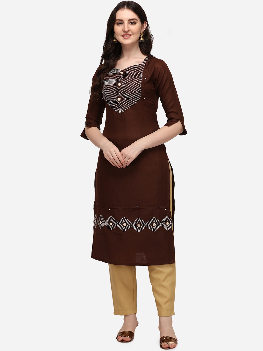 

SAADHVI Women Brown Regular Thread Work Pure Cotton Kurta with Trousers