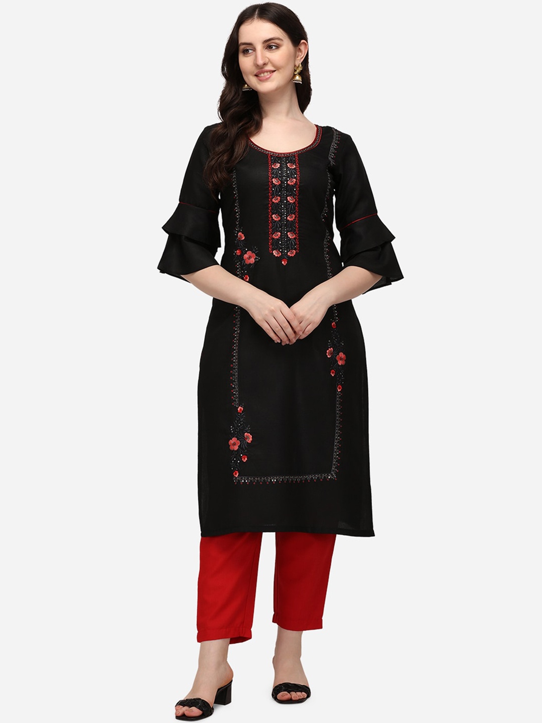 

SAADHVI Women Black & Red Floral Embroidered Thread Work Pure Cotton Kurta With Palazzos