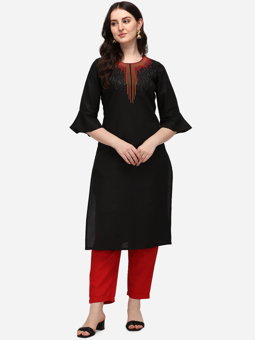 

SAADHVI Women Black Yoke Design Regular Thread Work Pure Cotton Kurta with Trousers
