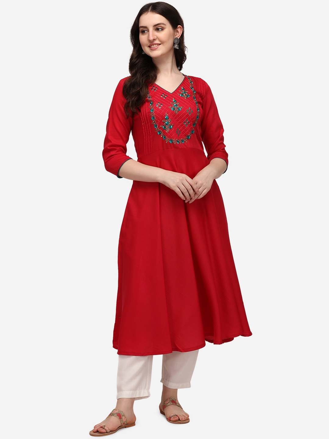 

SAADHVI Women Red & White Ethnic Motifs Empire Kurta with Trousers