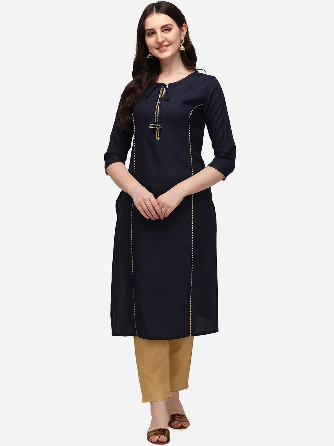 

SAADHVI Women Navy Blue Panelled Gotta Patti Pure Cotton Kurta with Trousers